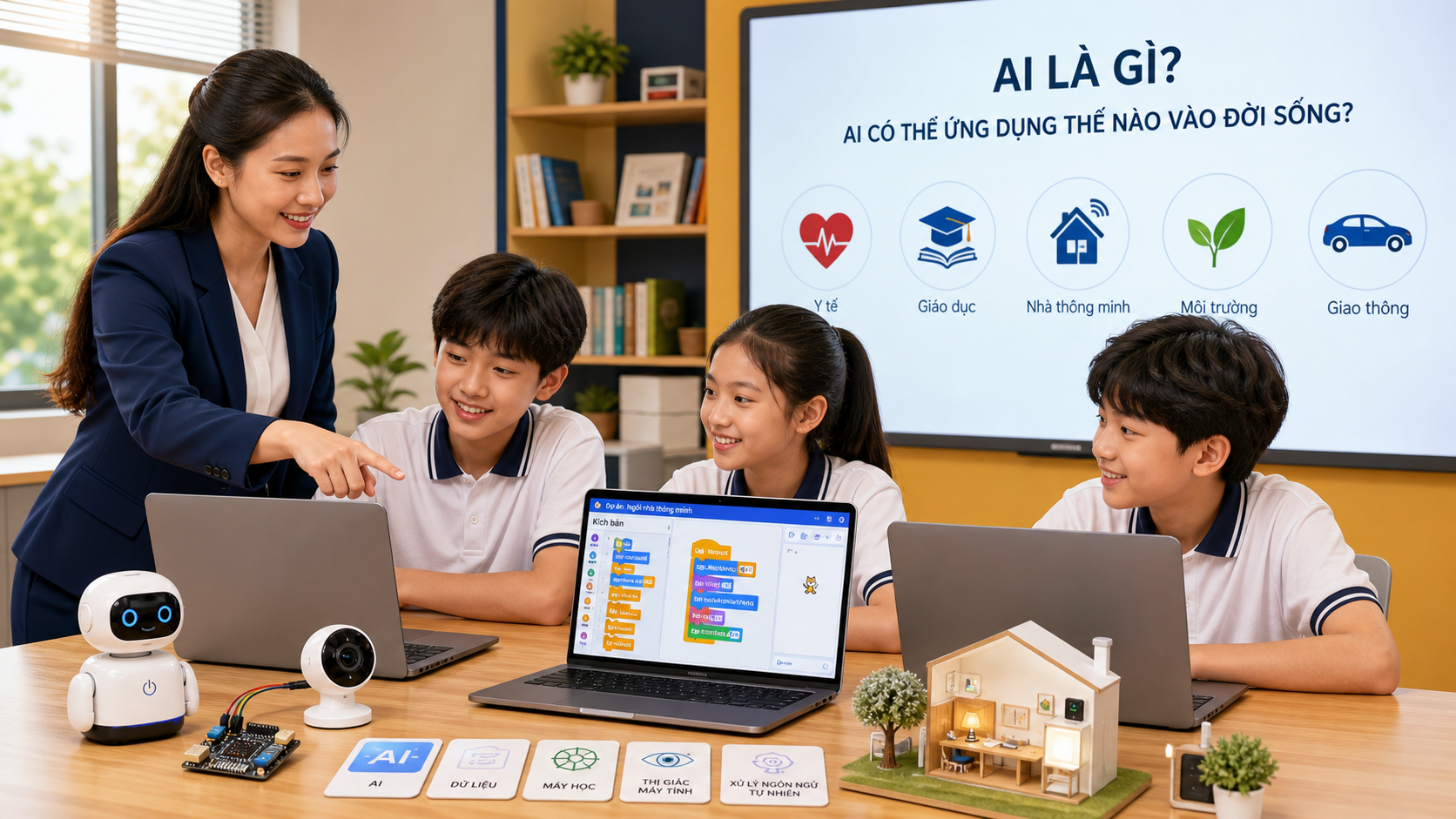 Cô giáo hướng dẫn ba học sinh 12 tuổi tìm hiểu AI và ứng dụng AI trong đời sống